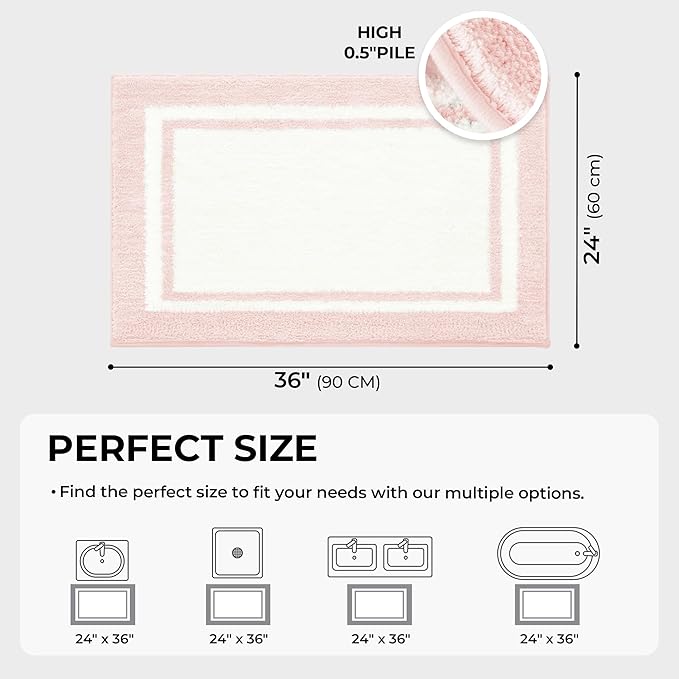 GRANNY SAYS Microfiber Bathroom Rugs Non Slip Washable, Water Absorbent Bathroom Mats for Tub Non Slip, Soft Bath Mats for Floor & Shower, Long Bath Rug, 24" x 36" Pink