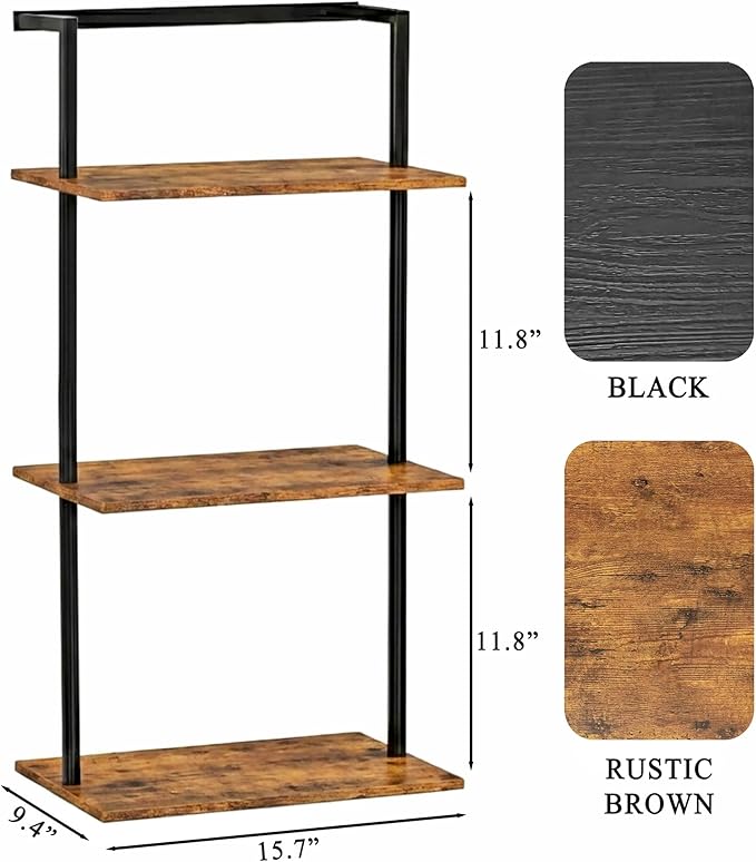 3-Tier Over The Toilet Storage Rack, Metal Wood Wall Mounted Floating Shelves for Bathroom Living Room Office, Rustic Brown