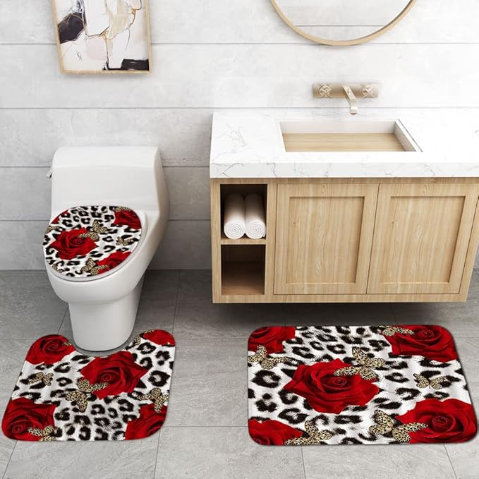 4PCS/Set Black and White Leopard Print Shower curtain Romantic Red Rose Safari Animal Skin Fur Valentine's Day Fashion Bathroom Decor Non-slip Bath Rug Cheetah Print Gifts for Women, Butterfly