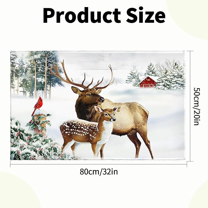 32x20in Winter Deers Bathroom Rug- Xmas Tree Red Bird Berries Bath Mats- Rustic Elk Moose Snow Cottage Non-Slip Holiday Seasonal Bath Rugs for Shower Room Bathtub Sink Bedside