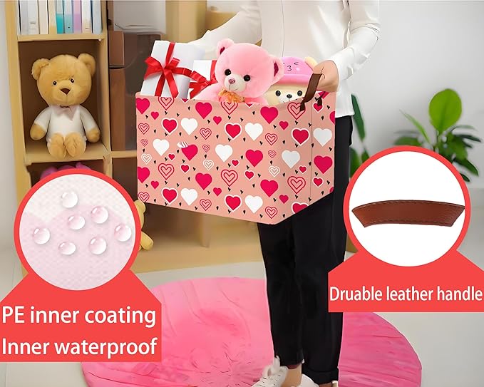 Large Valentine's Day Basket Heart Shaped Storage Bin for Gifts Collapsible Organizer Room Decor (Pink Bottom Red White Love)