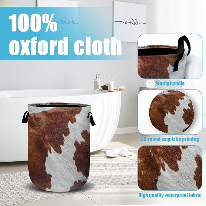 Brown Cow Skin Laundry Basket, Laundry Hamper Collapsible Oxford Cloth with Handle Clothes Toy Storage Bin for Bathroom Laundry Room Bedroom 15.7 X 20 Inch