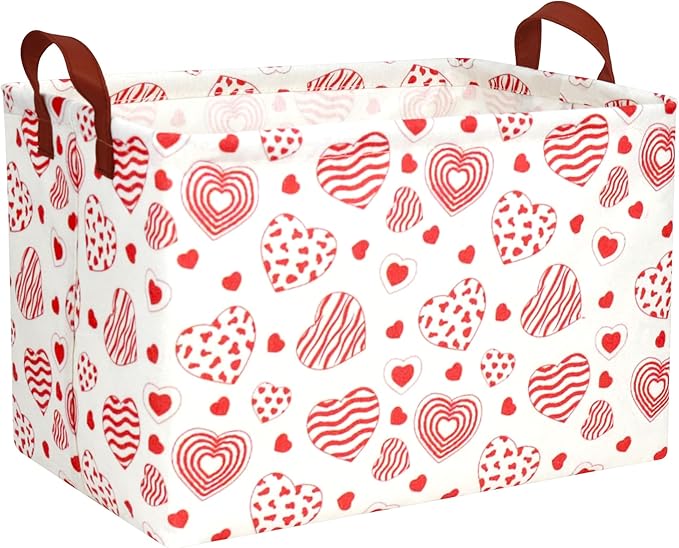 Large Valentine's Day Basket Heart Shaped Storage Bin for Gifts Collapsible Organizer Room Decor (Leopard Print Line Love)