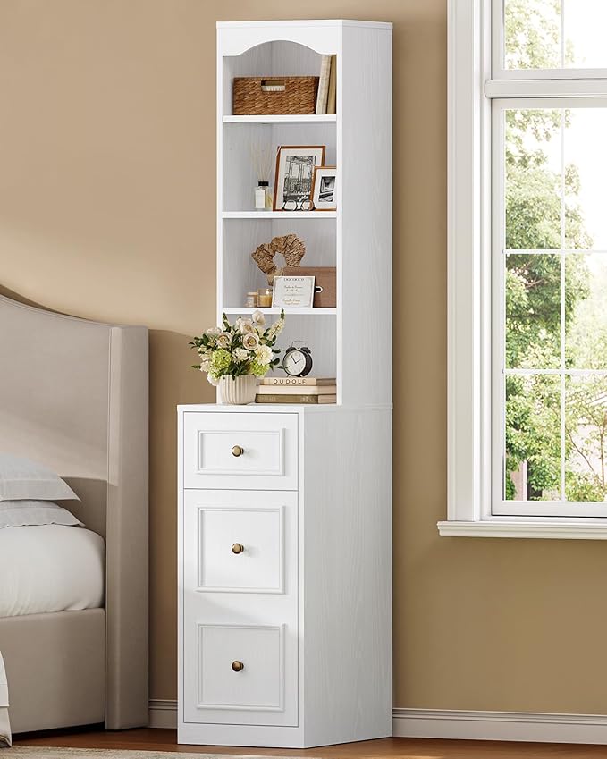 67" Tall Bathroom Storage Cabinet, L-Shaped 6-Tier Narrow Storage Cabinet with Adjustable Shelf, Slim Bathroom Storage Cabinet for Bathroom, Living Room, Home Office, Entryway, White