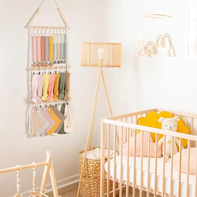 POVETIRE Pacifier Clip Holder Bibs Organizer, Neutral Bibs Holder Baby Bandana Drool Cloths Organizer Storage Hanging Wall Decor for Nursery Newborn Infant Girls and Boys Room