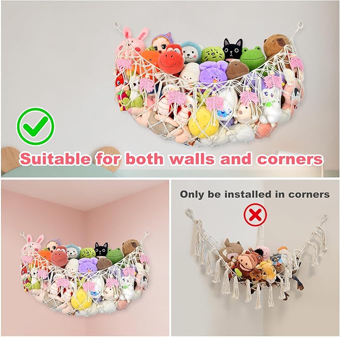 60"Stuffed Animal Net or Hammock for Stuffed Animal Storage,Flat Wall Mounted Hanging Net Organizer for Kids Plush Toys,Space-Saving Wall Storage with Hooks,Durable Mesh for Nursery & Playroom (White)