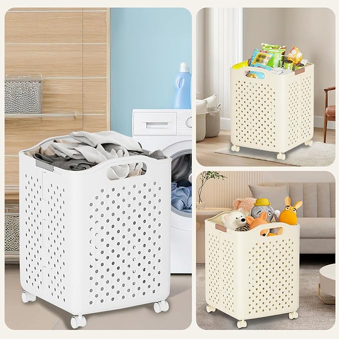 57L Collapsible Laundry Basket with Wheels, Laundry Basket Collapsible, Foldable Laundry Baskets with Handles, Dirty Clothes Hamper for Dorm, Bedroom and Bathroom (Pearl White)