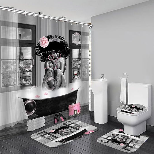 4Pcs African American Shower Curtain Sets with Rugs, Black Girl Shower Curtain for Bathroom Decor Sets with Paris Eiffel Tower Art Pattern, Grey Waterproof juego de baño, with 12 PCS Hooks