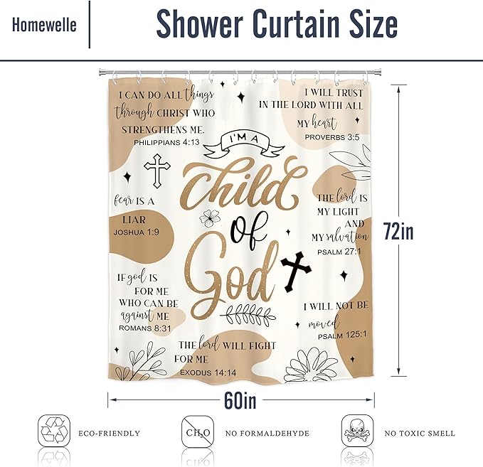 Homewelle Light Brown Abstract Bible Verse Shower Curtain Scripture Christian Boho Mid Century Inspirational Quotes 60Wx72H Inch Minimalist Geometric Plant Waterproof Polyester Fabric Bathroom Bathtub