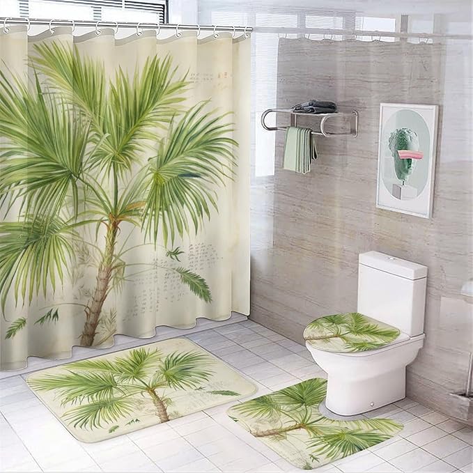 Green Palm Tree 4 Piece Shower Curtain Sets with Rugs Include Waterproof Shower Curtain Non-Slip Rug Toilet Lid Cover Bath Mat Coconut Palm Tree Nature Paradise Plants Waterproof Bath Curtain