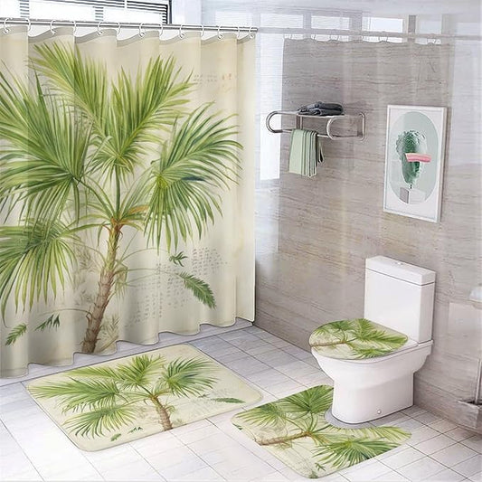 Green Palm Tree 4 Piece Shower Curtain Sets with Rugs Include Waterproof Shower Curtain Non-Slip Rug Toilet Lid Cover Bath Mat Coconut Palm Tree Nature Paradise Plants Waterproof Bath Curtain