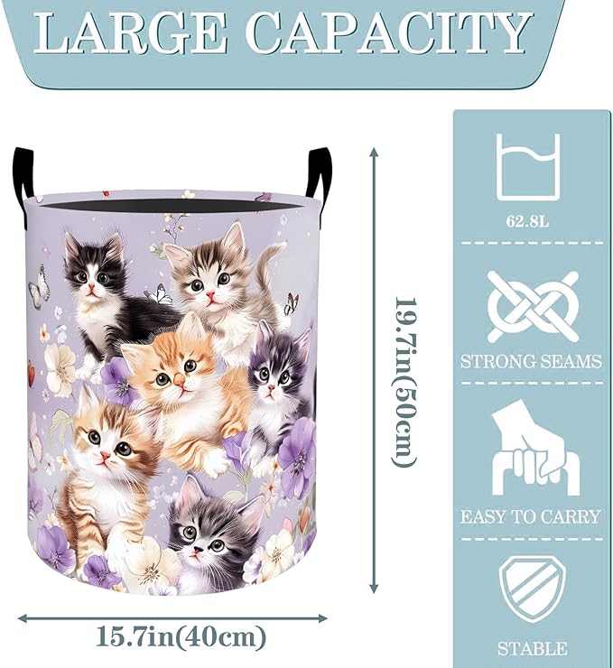 Cute Kitten and Butterfly Laundry Basket, Dirty Collapsible Clothes Toy Organizer Hamper for Kids Adults, Oxford Cloth Waterproof Storage Bin for Bedroom Bathroom Home Decor Gifts, 19.7"X15.7"