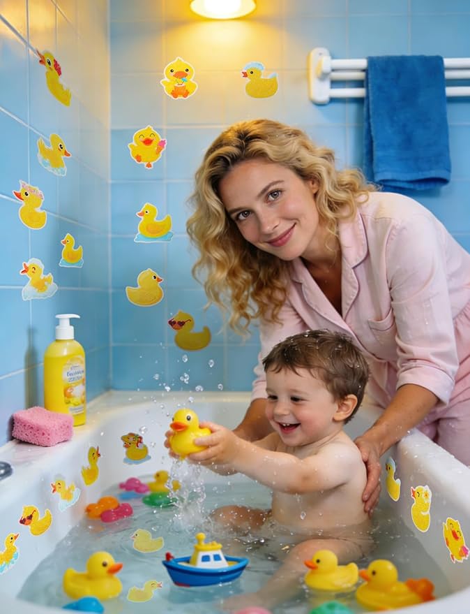 26Pcs Non Slip Bathtub Stickers, Cute Duck Stickers with Scraper, Anti Slip Bath Tub Shower Decal with Adhesive Back for Bathroom, Shower Stairs