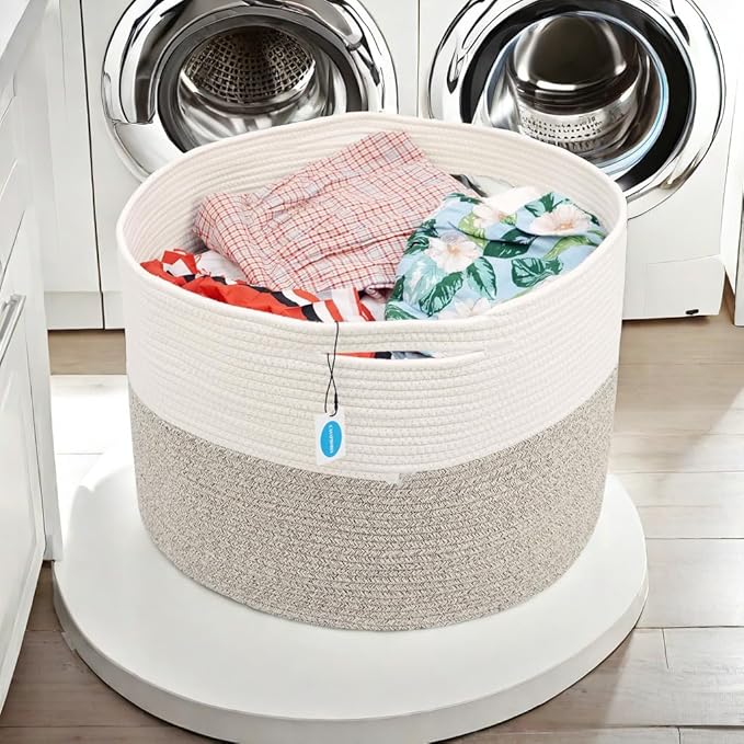 Casaphoria XXXLarge Cotton Rope Basket for Living Room - Woven Storage Basket with Handle for Blankets, Towels and Pillows Laundry Hamper | White and Brown (22" x 22" x 14")