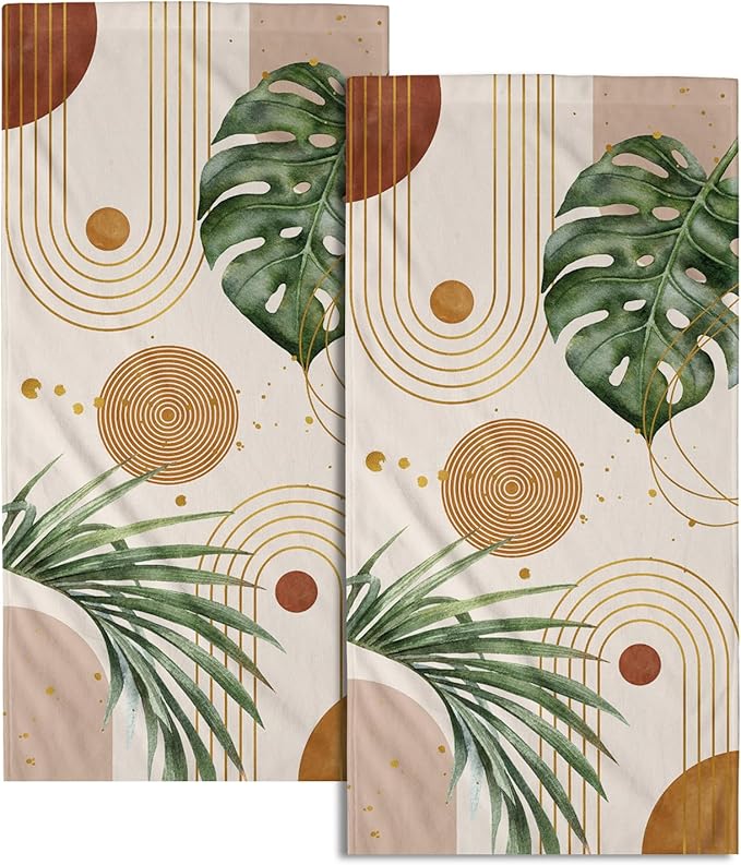 Abstract Boho Palm Leaves Hand Towels for Bathroom Set of 2 Vintage Bohemian Green Leaves Kitchen Towel Mid Century Decorative Fingertip Towel Soft Absorbent Dish Towel for Home Guest Gym Spa 14"x28"
