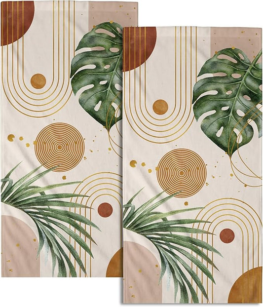Abstract Boho Palm Leaves Hand Towels for Bathroom Set of 2 Vintage Bohemian Green Leaves Kitchen Towel Mid Century Decorative Fingertip Towel Soft Absorbent Dish Towel for Home Guest Gym Spa 14"x28"