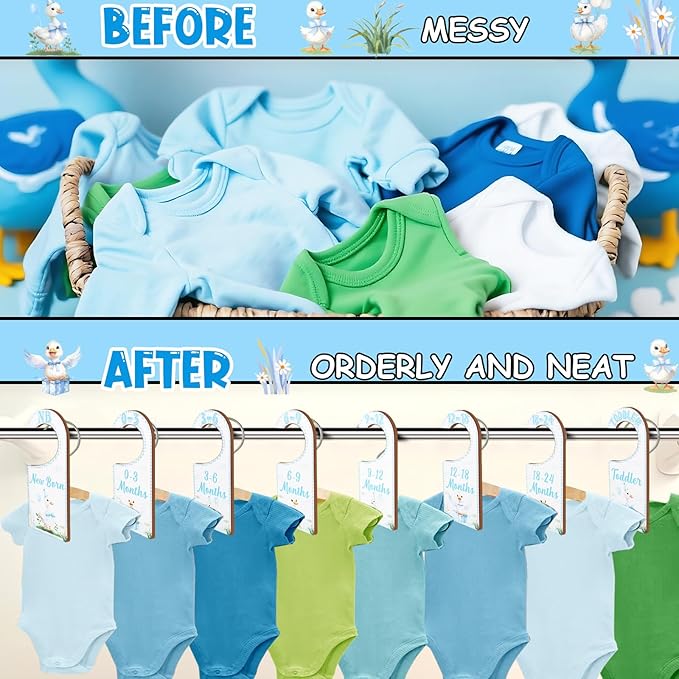 Baby Closet Dividers 8PCS, Blue Goose Themed Wooden Double-Sided Clothes Size Hanger Organizer from Newborn to Toddler for Nursery Decor Baby Shower Birthday Gift
