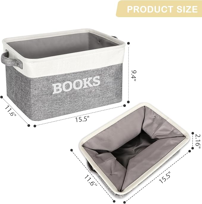Lukeline Book Storage Baskets for Organizing, 15.5 x 11.6 x 9.4 Storage Basket for Books Cookbook and Recipe, Collapsible Storage Bin, Decorative Baskets for Home, Shelves, Classroom (BOOKS)