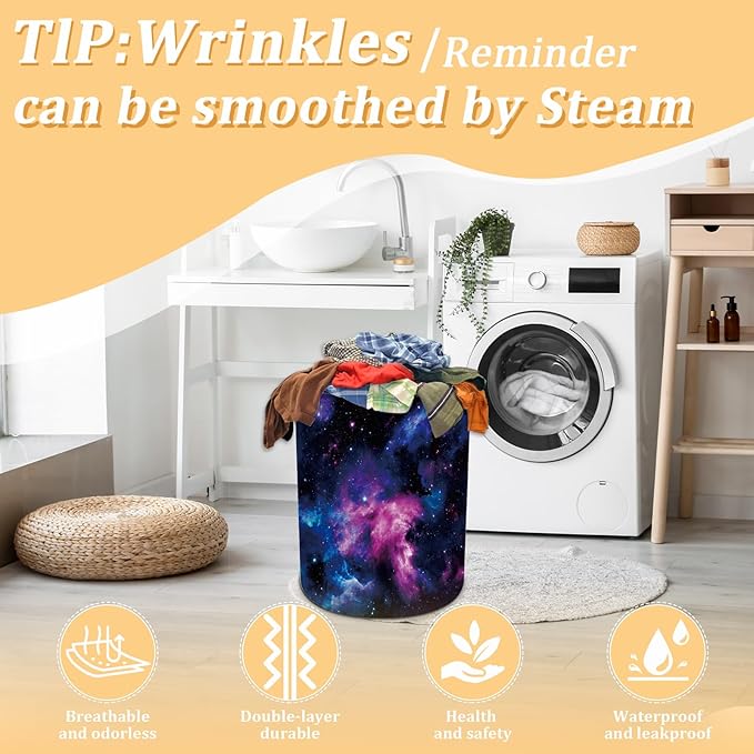 Purple Galaxy Space Laundry Basket, Space Laundry Hamper, Oxford Waterproof Foldable Clothes Storage Bin, Toy Organizer Basket for Bathroom/Household/College Dorms 15.7"x19.6"