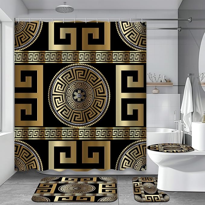 4 Pieces Bath Sets Geometric Black Gold Greek Key Meander,  Anti-Slip Bath Rug Floor Mat Home Decor Waterproof Shower Curtain Bathroom-4-Piece_Set