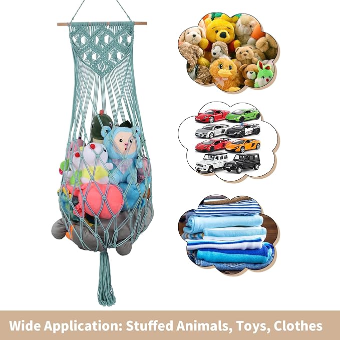 Stuffed Animal Storage Hammock, 63'' Jumbo Boho Macrame Corner Toy Hammock Wall Hanging Net Holder for Nursery Teddy Plushie, Turquoise Plush Toy Net with Star Light for Baby Boys Girls Gift
