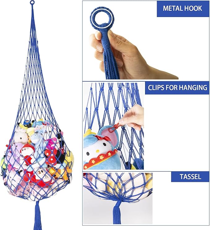 Novel Stuffed Animal Net or Hammock Macrame Plush Toy Display- 6.5ft H,One Hook! Perfect for The Tiny Space in Corner,Walls and Ceiling Hanging Net-Blue
