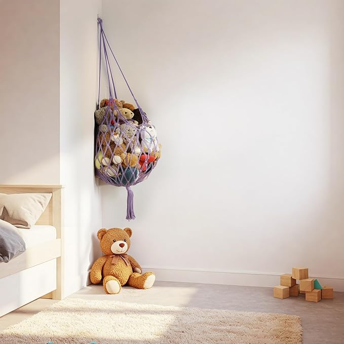 Stuffed Animal Storage Hammock Corner Hanging Net Stuffy Animal Hammock Macrame Toy Display Plush Toy Holder for Kid Bedroom Decor Boho Nursery Playroom Organizer (Purple)