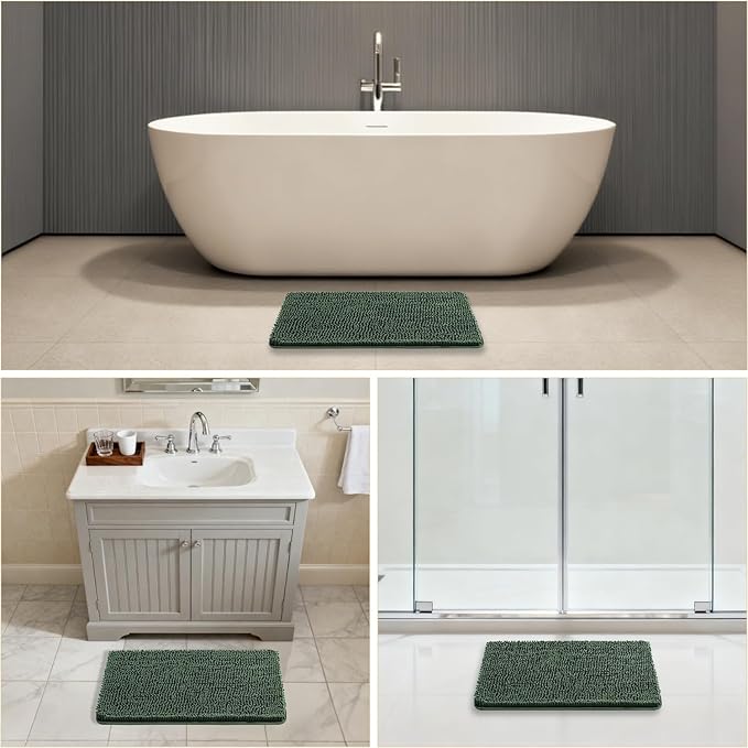 Hunter Green Bathroom Rugs 17"x24" - Plush Chenille Non-Slip Bath Mat - Absorbent, Washable, Soft and Thick Decor for Shower, Sink, Kitchen, Tub, Home Accessories