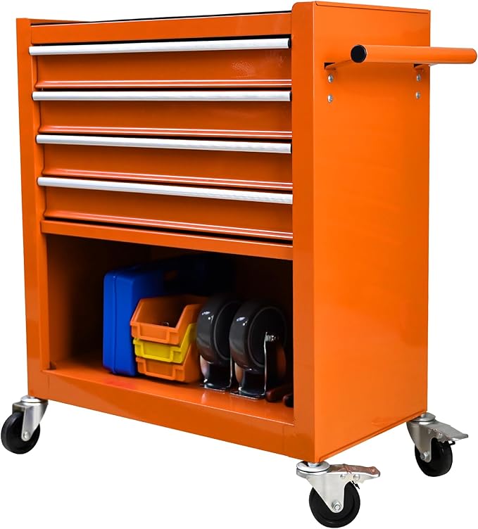 4-Drawer Rolling Tool Chest Cabinet, Large Capacity Metal Tool Box with Wheels, Storage Organizer Tool Cart for Garage, Warehouse, Work Shop (Orange)