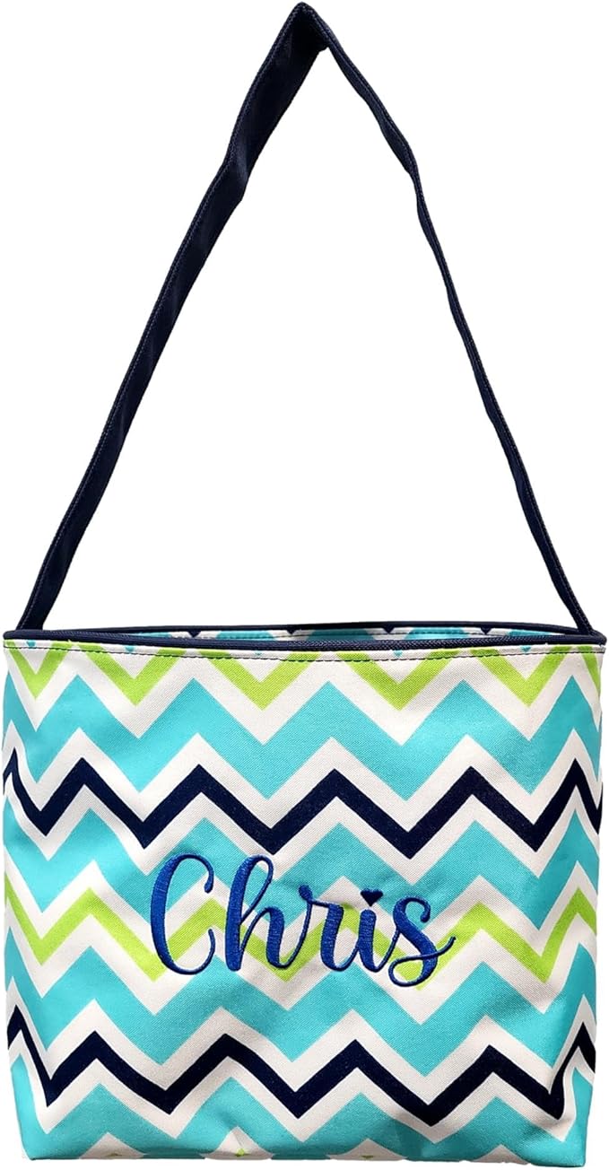 Personalized with Name Blue ZIg Zag Chevron Material Easter Basket Bucket for Egg Hunting