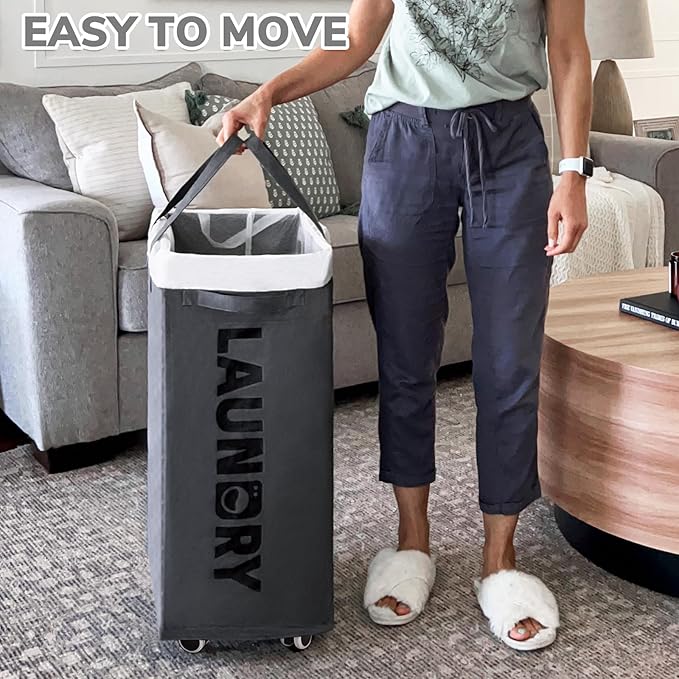 CHICVITA 2-Pack Hamper with Wheels, 75L Large Laundry Baskets with Removable Wash Bags, Foldable Laundry Baskets with Slim Design for Corner Dorms, Rolling Laundry Hamper on Wheels, Grey