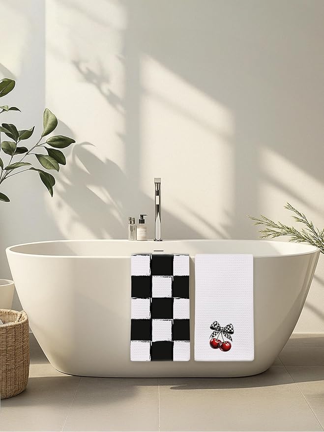 2 Pack Black and White Checkered Hand Towels for Bathroom - Retro Plaid Cherry Decorative Dish Tea Towels for Kitchen Decor, Cherry Gifts for Women, Housewarming Gift Idea