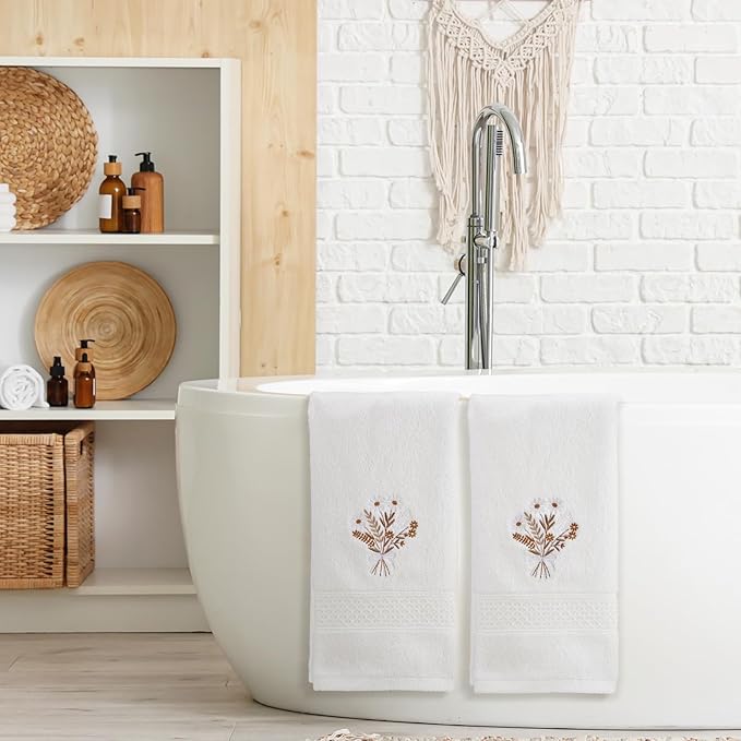2 Pcs Boho Flowers Hand Towels Beige Bathroom Wildflowers Decor 14x29 Inch Embroidered 100% Cotton Soft Absorbent Spring Summer Decorative Hand Towels for Bathroom Kitchen