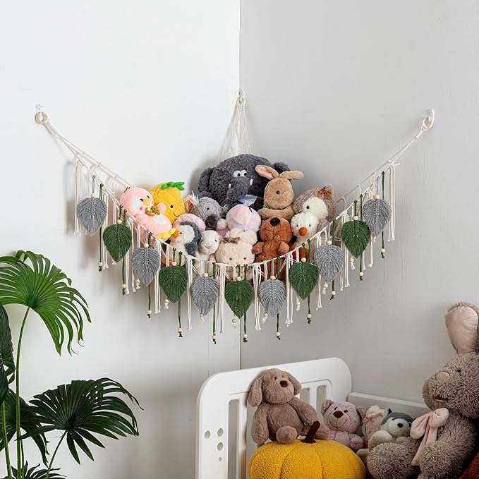 Pretty Jolly Macrame Stuffed Animal Hammock with Beads Hand Woven Leaf Tassels Corner Hanging Net Boho Plush Holder for Toys Kid Room Nursery Deco Organizer for Girls Gift(Sage Green&Avocado Green)