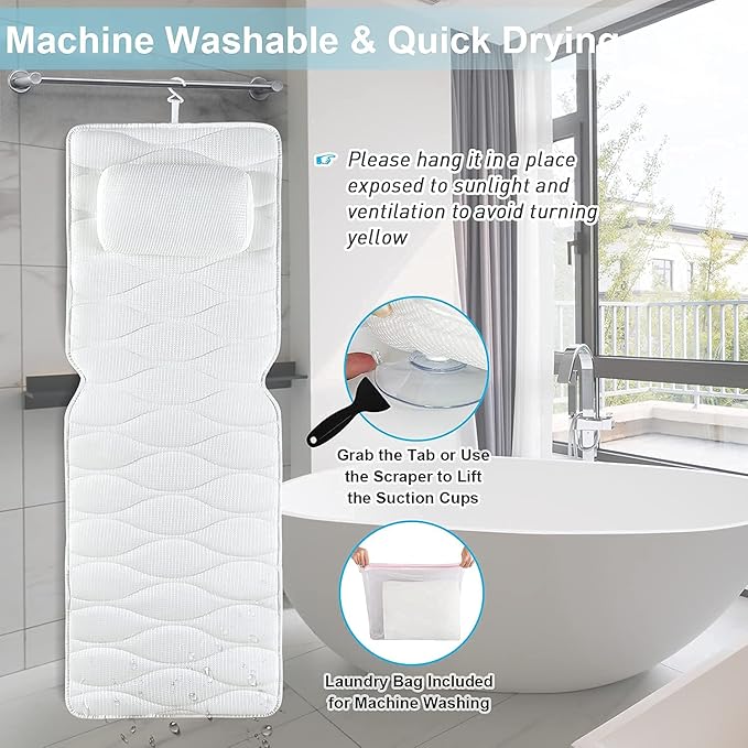 OMYSTYLE Full Body Bath Pillow, Bath Pillows for tub with Mesh Washing Bag & 21 Non-Slip Suction Cups, Spa Bathtub for Head Neck Shoulder and Back Support - 5D Air Mesh & Quick Drying