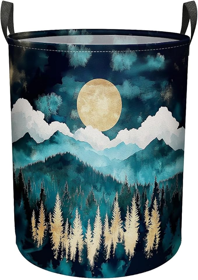 Moon Forest Laundry Basket, Large Canvas Collapsible Organizer Storage Basket for Nursery,Office,Toy Organizer,Home,Decor - 19.7" X 15.7 "