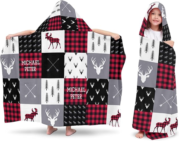 Hooded Towel for 3-12 Years Boys Girls Kids Buffalo Plaid Deer Woodland Bath Pool Beach Towel Wrap Extra Large Soft Absorbent Beach Poncho