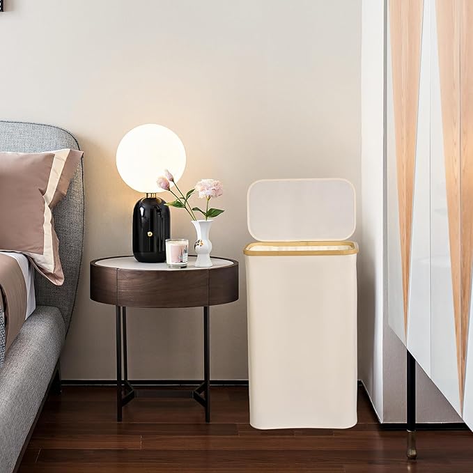 Laundry Basket with Lid, 75L Slim Laundry Hamper with Removable Bag, Travel Dirty Clothes Basket with Bamboo Handles for Bathroom, Bedroom & Laundry Room, Beige