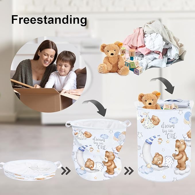 Clastyle 45L Large Blue Sleeping Bear Kid Boy Girl Laundry Hamper with Handle Collapsible Star Moon Clothes Toy Storage Basket with Lid for Nursery