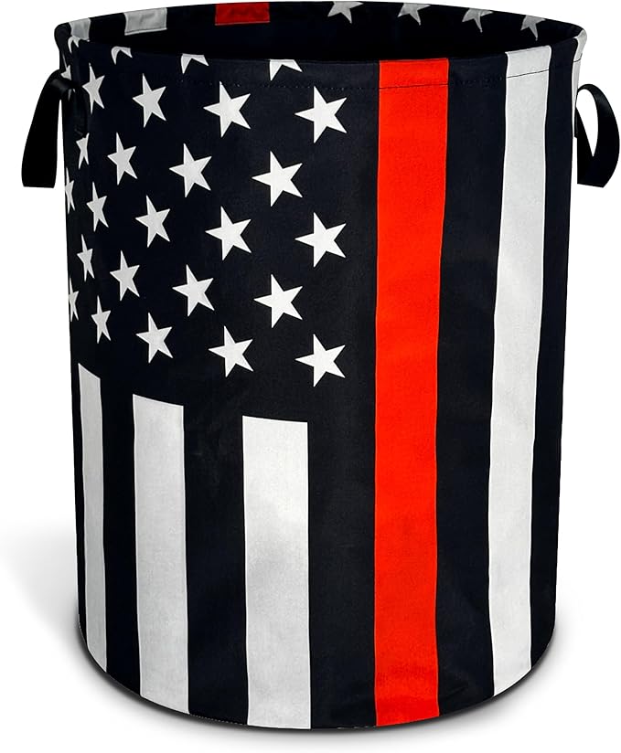 American Flag Thin Red Line Laundry Basket Foldable Oxford Cloth Funny Tote Bag Laundry Hamper Clothes Storage Bucket Organizer For Bathroom/Laundry Storage /Bedroom17.7x13.7 Inch
