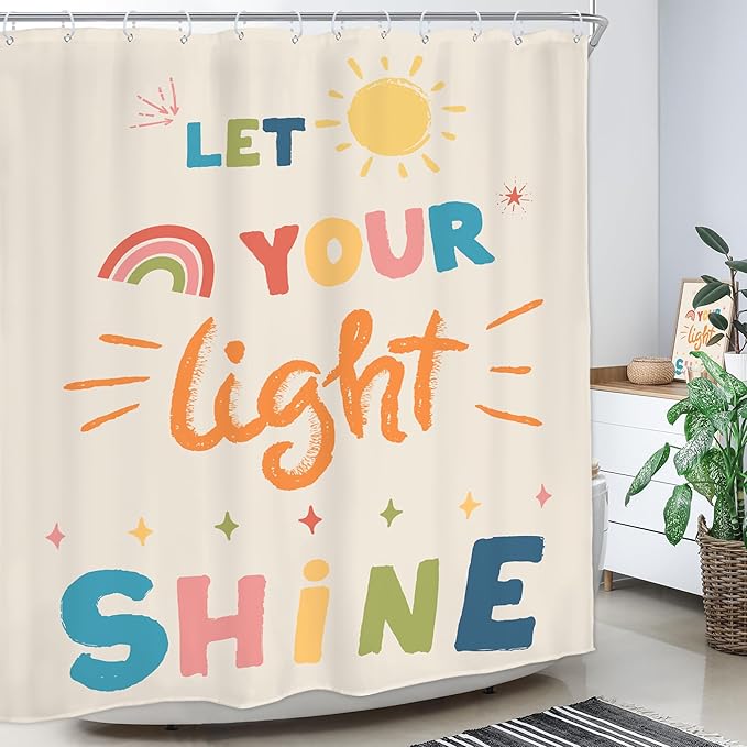 Homewelle Extra Long Kids Quotes Shower Curtain Inspirational Cartoon Colorful Let You Light Shine 72Wx78H Inch English Letter Sun Simple for Child Waterproof Polyester Fabric Bathroom Bathtub