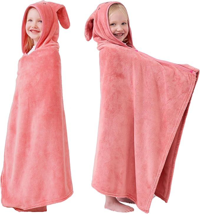 Hiturbo Kids Hooded Bath Towel: Soft Fleece Towel Blanket Cartoon Animal - Pool Beach Towels Wrap 50"x30" for Boys Girls 3-12 Yrs (Pink Rabbit)