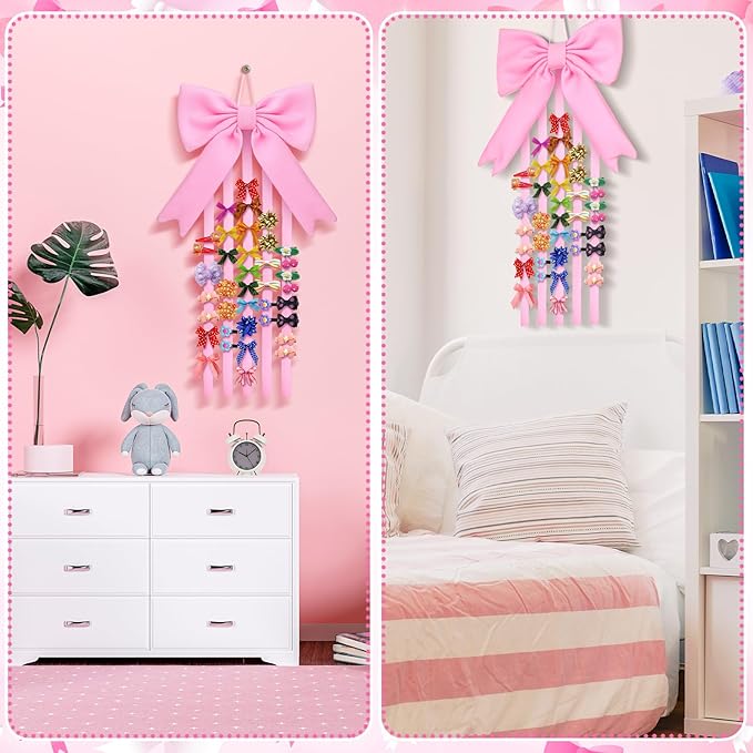 Weysat Bow Organizer for Girls Huge Bow Holder for Girls Hair Bows Claw Clip Organizer Wall Hanging Decoration Accessories with Five Ribbons Organizador De Moños Para Ninas for Room Decor (Pink)