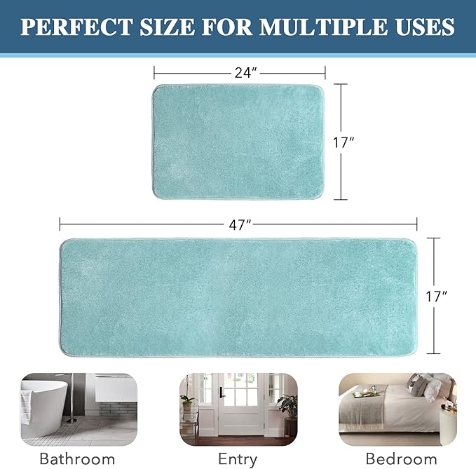 H.VERSAILTEX Kitchen Mat 2 PCS Non Slip Memory Foam Flannel Velvety Kitchen Runner Rug Set for Floor Standing Rugs (47" x 17" + 24" x 17", Eggshell Blue)