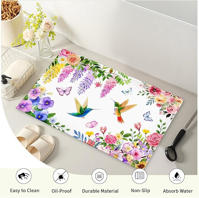 Hummingbird Flowers Bath Rug, Watercolor Spring Floral Butterly Bathroom Mats 32x20 Inch, Birds Plant Non-Slip Absorbent Bathroom Rugs for Bedside Shower Room Bathtub Kitchen Sink