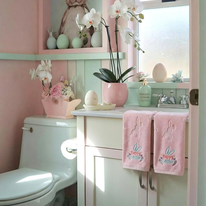 2 Pcs Easter Hand Towels for Bathroom Bunny Easter Bath Towels Pink 100% Cotton Jacquard Embroidered Decorative Gift Set Kitchen Decor Home Accessories