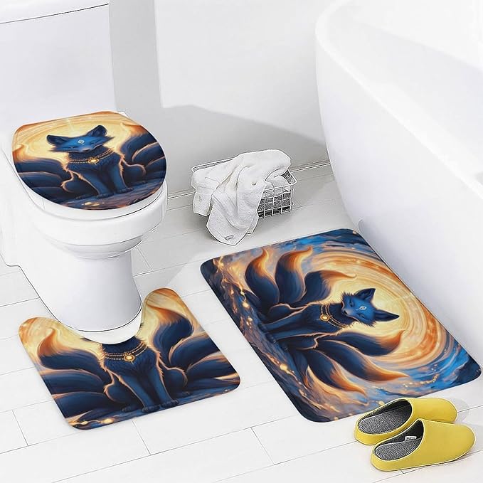 4 Piece Mythical Creature Kitsune Fox Shower Curtain + Bath Mats Set, Waterproof Contemporary Bath Room Curtains Absorbent Plush Carpet Mats