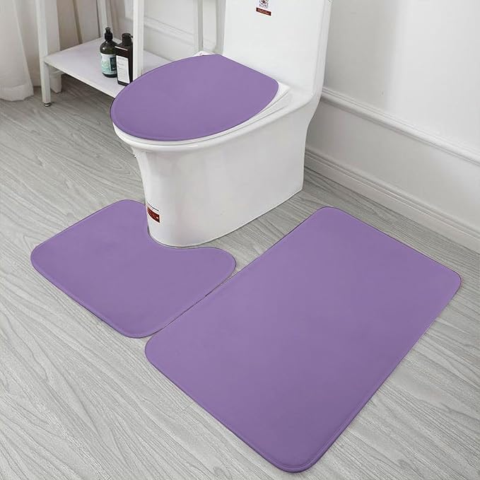 3 Pieces Bath Rug Sets, Purple Lavender Trend Color Bathroom Mat Set Non Slip U Shaped Contour Rug & Toilet Lid Cover