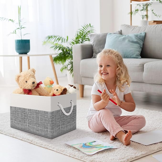 Storage Bin,Collapsible Storage Basket For Organizing,Large Storage Boxes With Rope Handles,Storage Containers,White & Grey,2 Pack