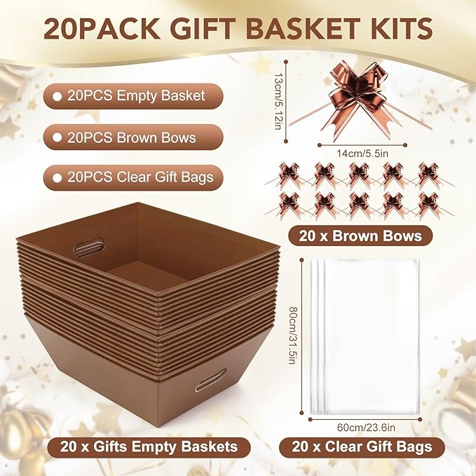 20PACK Baskets for Gifts Empty, 10x12”Thick Brown Gift Basket with Handles